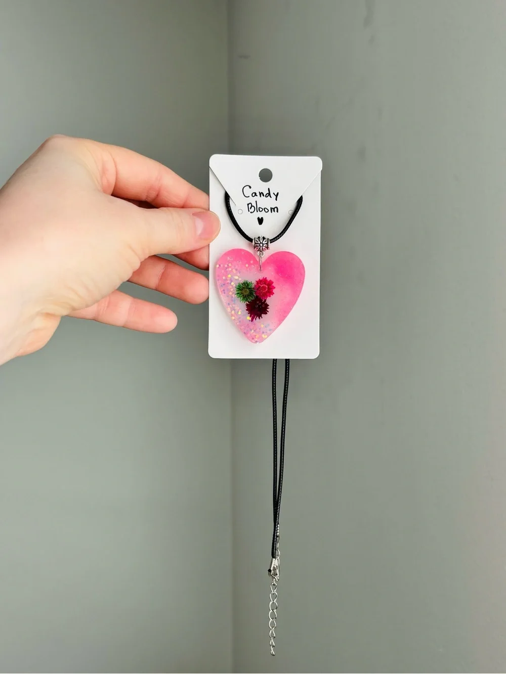 Candy Bloom Resin Heart Necklace Handmade Dried Flower Pink Pendant